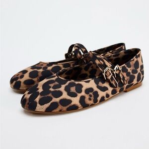 ZARA Animal Leopard Print Ballet Flat Mary Janes Tan Brown EU Size 37 US Size 7